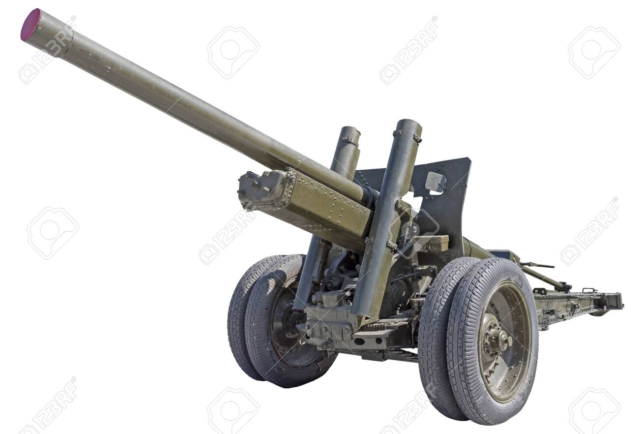 Artillery gun from the World War II age on white background